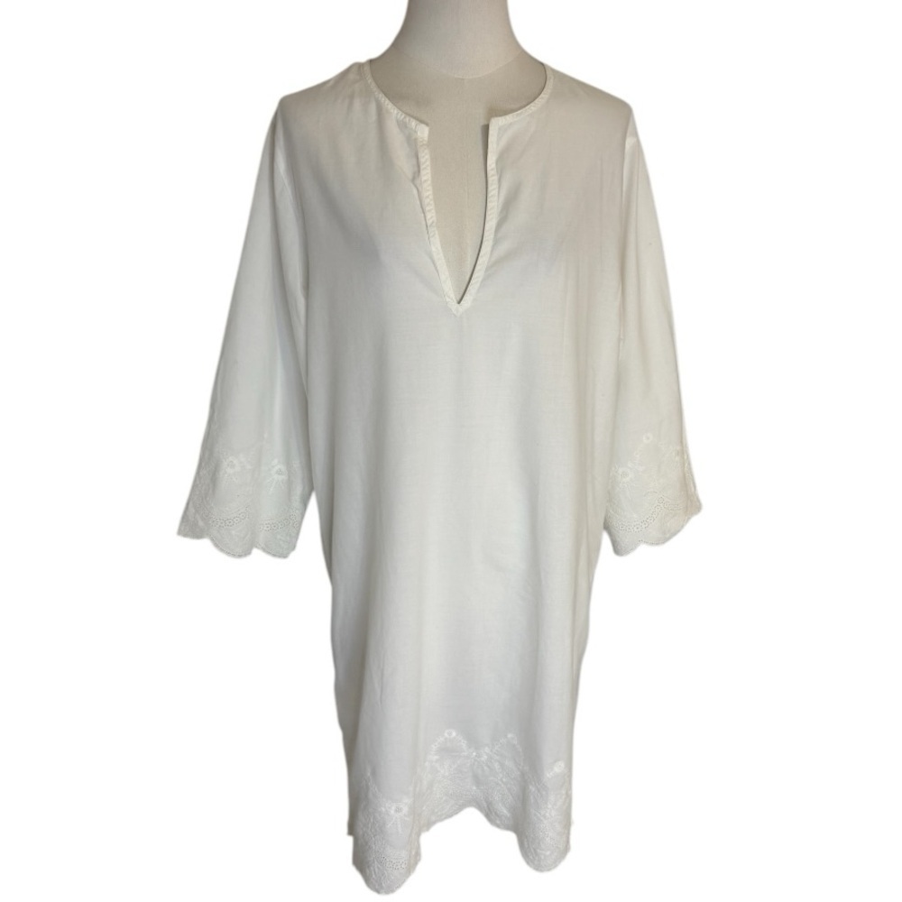 LANDS’ END White Tunic Dress Embroidered Beach Cover Up Swim Beach Vacation Sz M